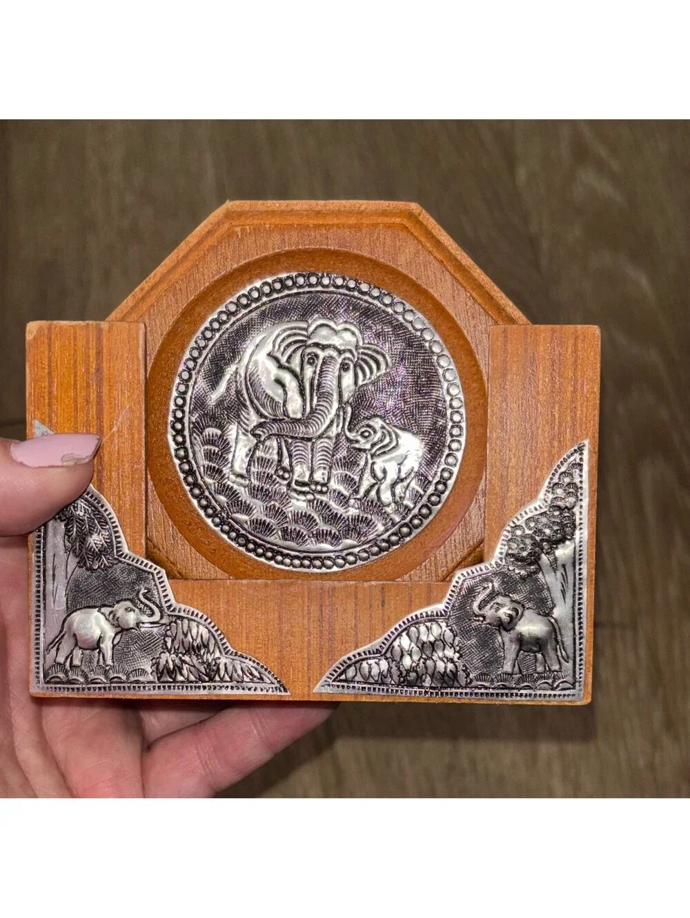 Vintage Wood & Embossed Metal Elephant Coaster Set India